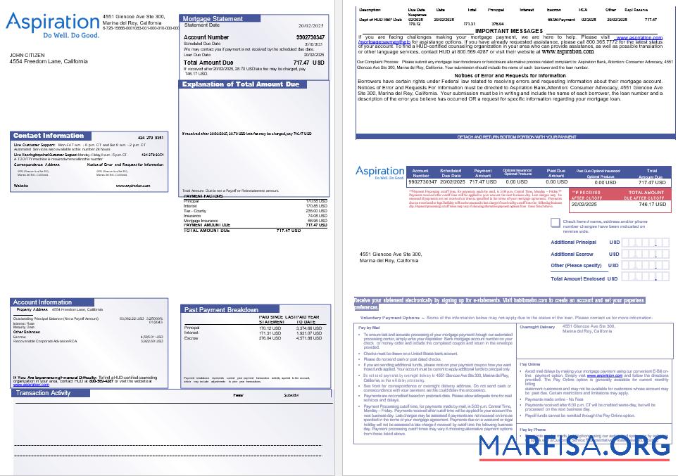USA Aspiration Bank Hypothek Kontoauszug in Word and PDF Formate, 3 pages 1 2 Mockup