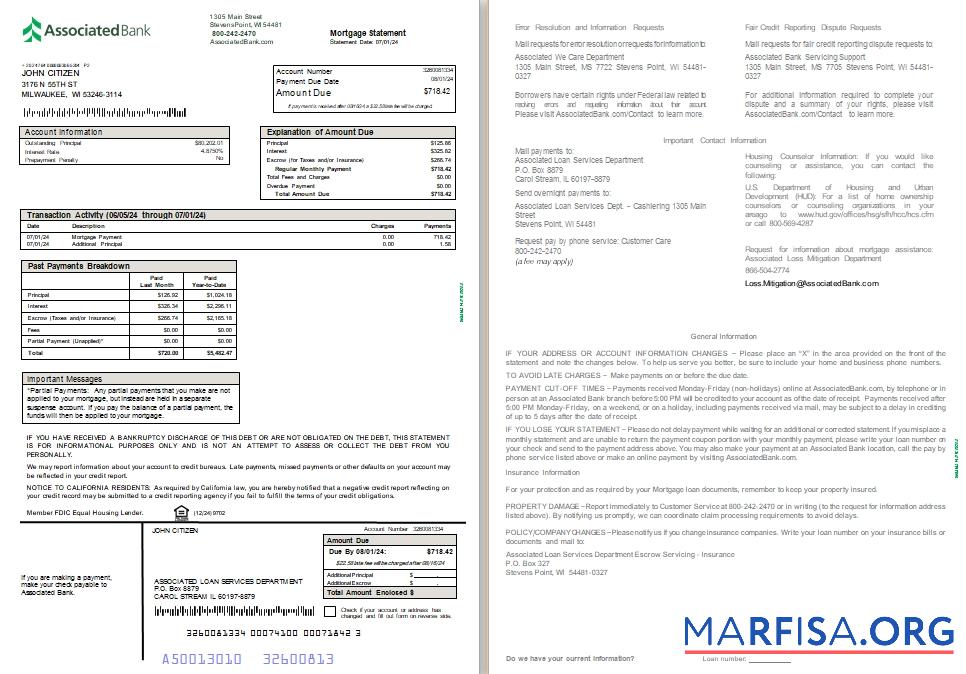USA Associated Bank Hypothek Kontoauszug, 2 pages SCR Probe