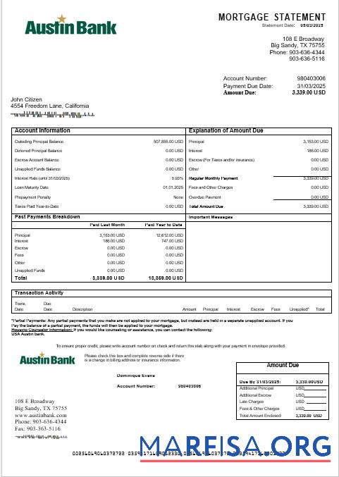 USA Austin Bank Hypothek Kontoauszug in Word and PDF Formate Probe