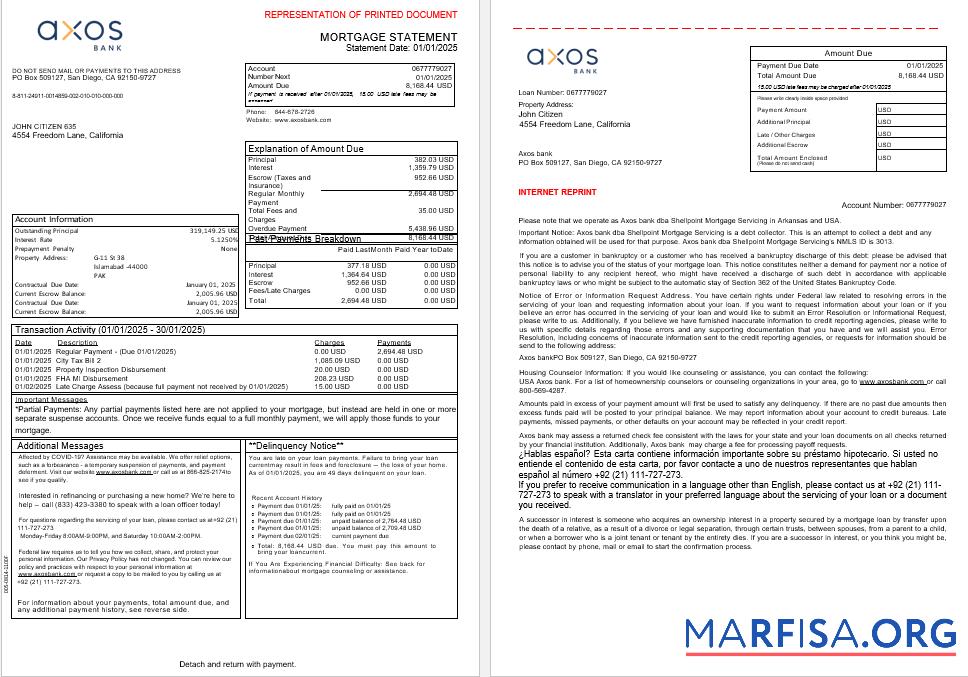 USA Axos Bank Hypothek Kontoauszug in Word and PDF Formate, 3 pages 1 2 Mockup
