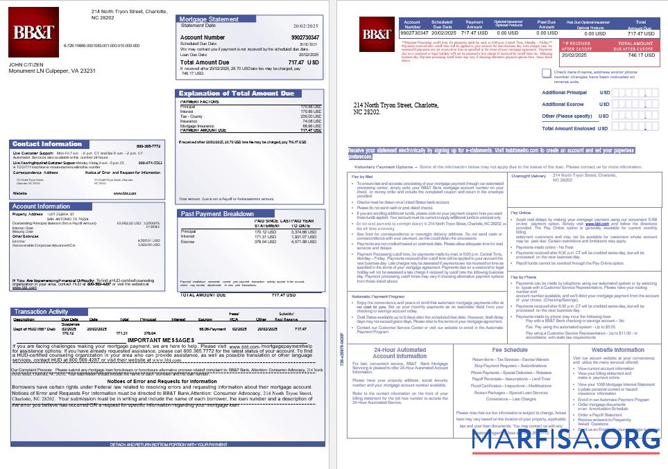 USA BB&T Corp. Bank Hypothek Kontoauszug in Word and PDF Formate, 3 pages 1 2 Vorlage