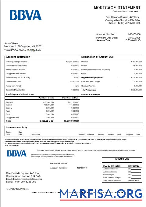 USA BBVA Bank Hypothek Kontoauszug in Word and PDF Formate Mockup