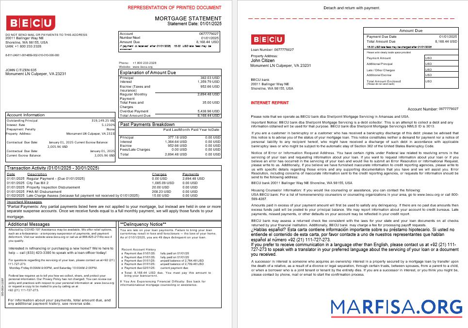 USA BECU Bank Hypothek Kontoauszug in Word and PDF Formate, 3 pages 1 2 Probe