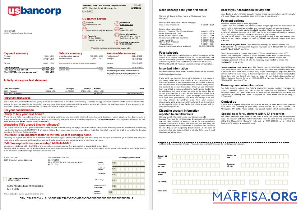 USA Bancorp Bank Hypothek Kontoauszug in Word and PDF Formate, 2 pages Design