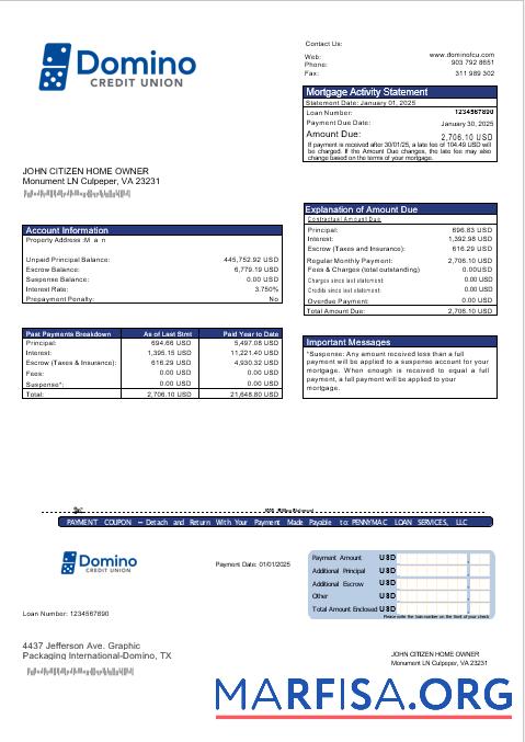 USA Bank of Domino Bank Hypothek Kontoauszug in Word and PDF Formate Vorschau