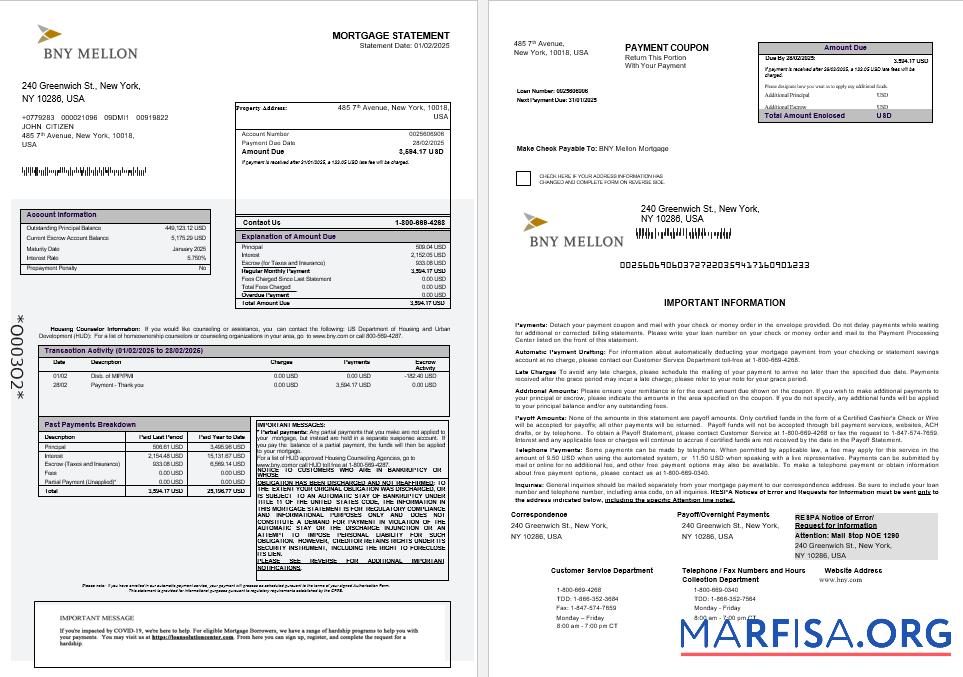 USA Bank of Neu York Mellon Bank Hypothek Kontoauszug in Word and PDF Formate 1 2 Mockup