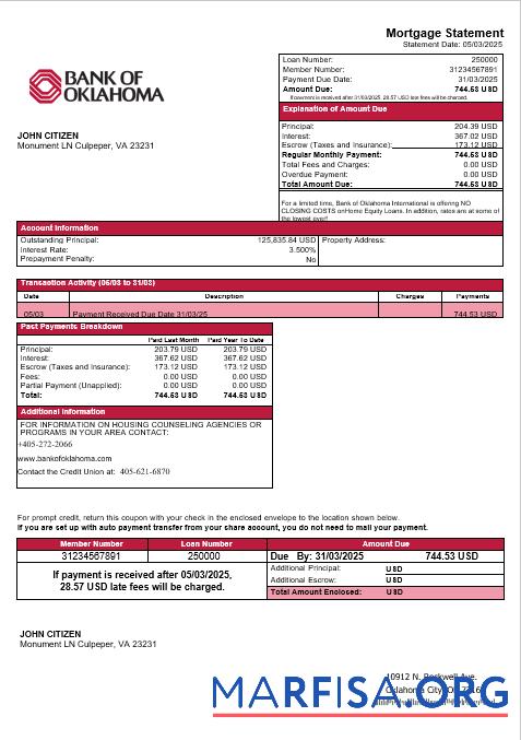 USA Bank of Oklahoma Hypothek Kontoauszug in Word and PDF Formate Vorlage
