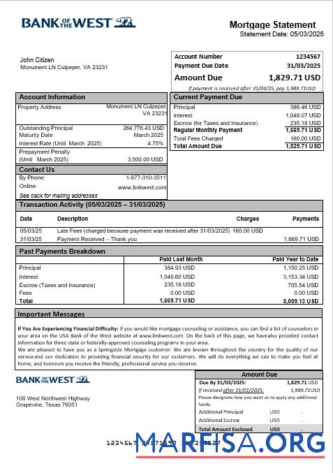 USA Bank of the West Bank Hypothek Kontoauszug in Word and PDF Formate Vorschau