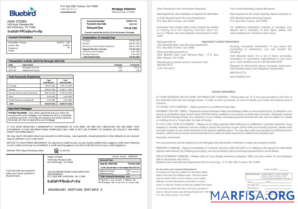 USA Bluebird Bank Hypothek Kontoauszug in Word and PDF Formate Mockup
