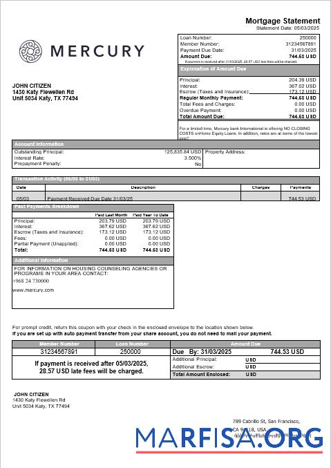 USA CA San Francisco Mercury Bank Hypothek Kontoauszug in Word and PDF Formate Vorlage