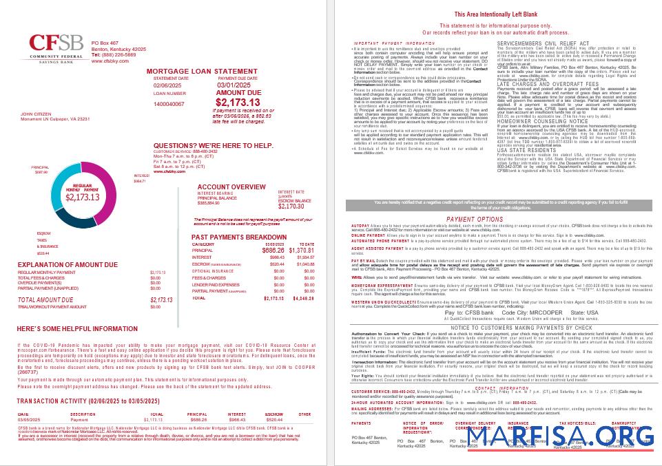 USA CFSB Bank Hypothek Darlehen Kontoauszug in Word and PDF Formate , 4 pages 1 2 Probe
