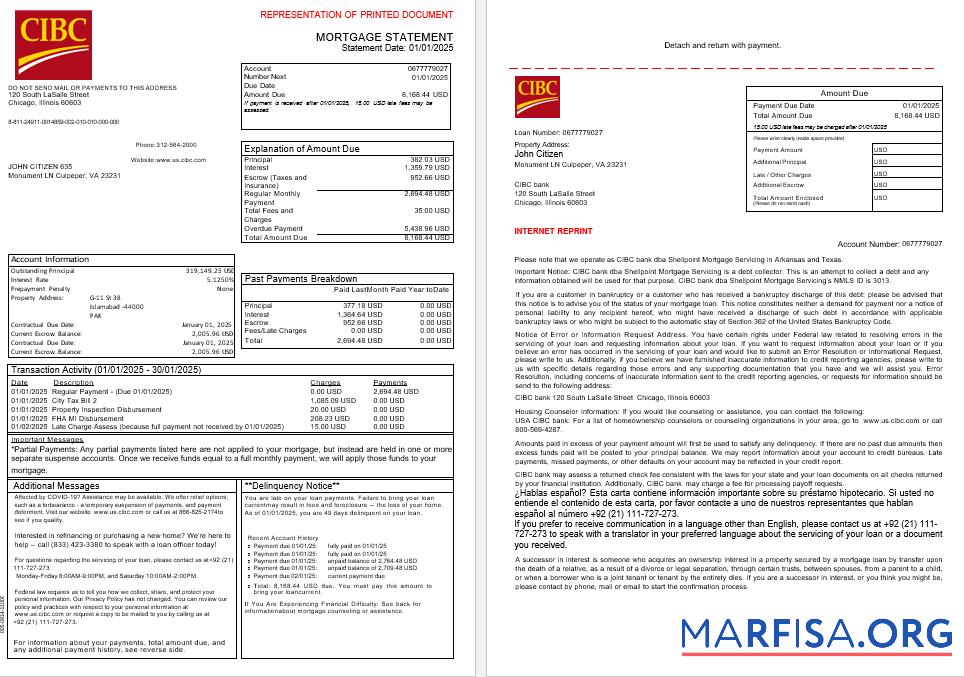 USA CIBC Bank Hypothek Kontoauszug in Word and PDF Formate, 3 pages 1 2 Design