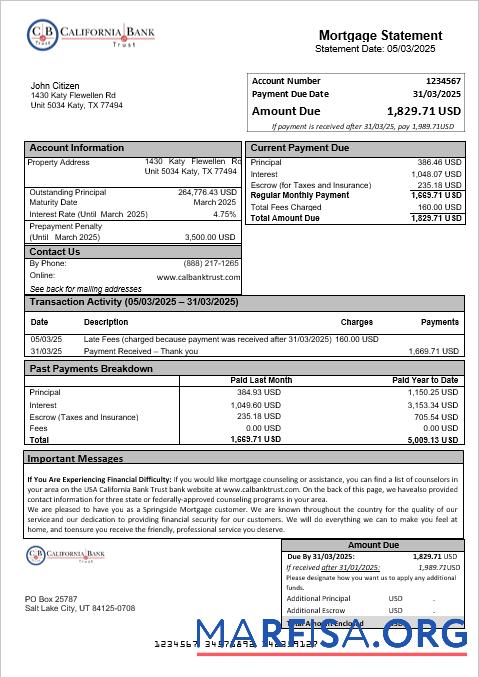USA California Bank Trust Bank Hypothek Kontoauszug in Word and PDF Formate Vorschau