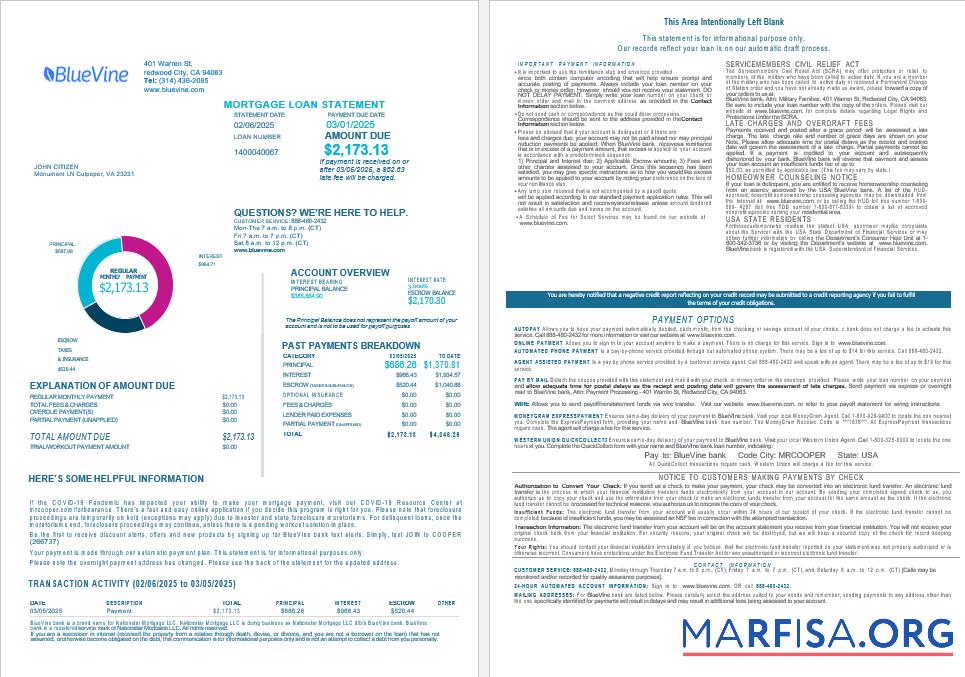 USA California BlueVine Bank Hypothek Darlehen Kontoauszug in Word and PDF Formate , 4 pages 1 2 Design
