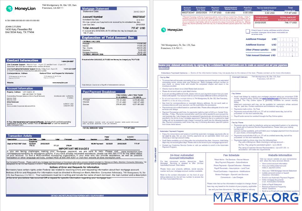 USA California MoneyLion Bank Hypothek Kontoauszug in Word and PDF Formate, 3 pages 1 2 Vorschau