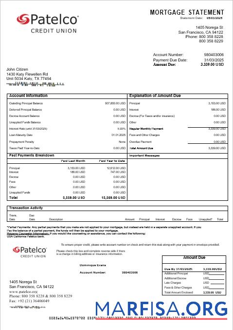 USA California Patelco Bank Hypothek Kontoauszug in Word and PDF Formate Vorlage