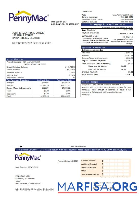 USA California Pennymac Darlehen Services Hypothek Kontoauszug scr Vorschau