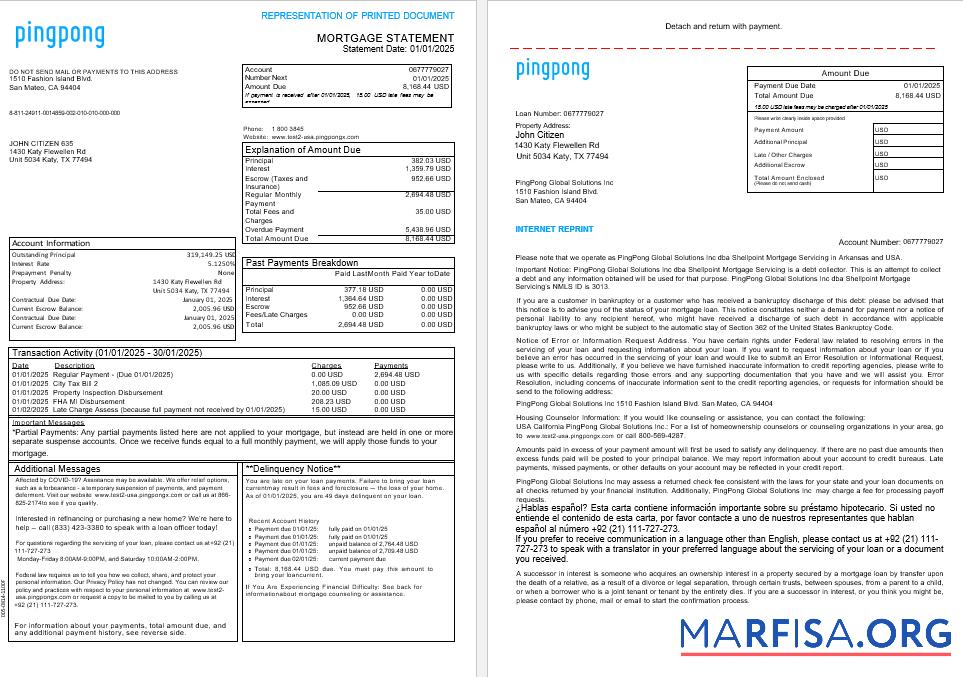 USA California PingPong Global Solutions Inc Hypothek Kontoauszug in Word and PDF Formate, 3 pages 1 2 Probe