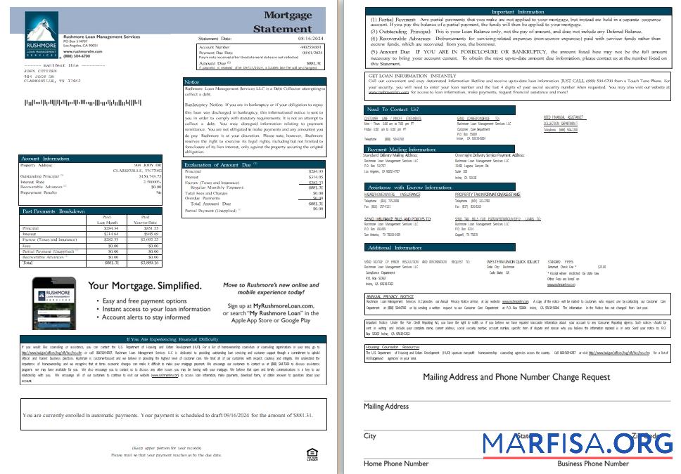 USA California Rushmore Darlehen Management Services LLC Hypothek Kontoauszug, 3 pages, 1 2scr Probe