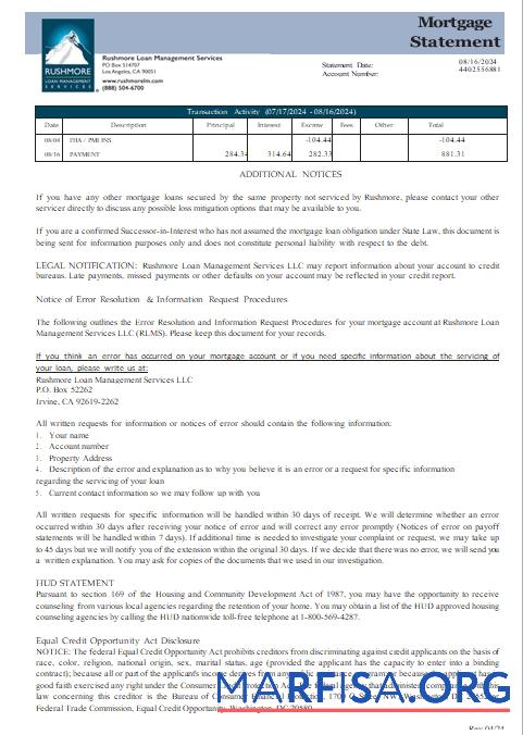 USA California Rushmore Darlehen Management Services LLC Hypothek Kontoauszug, 3 pages, 3 scr Probe