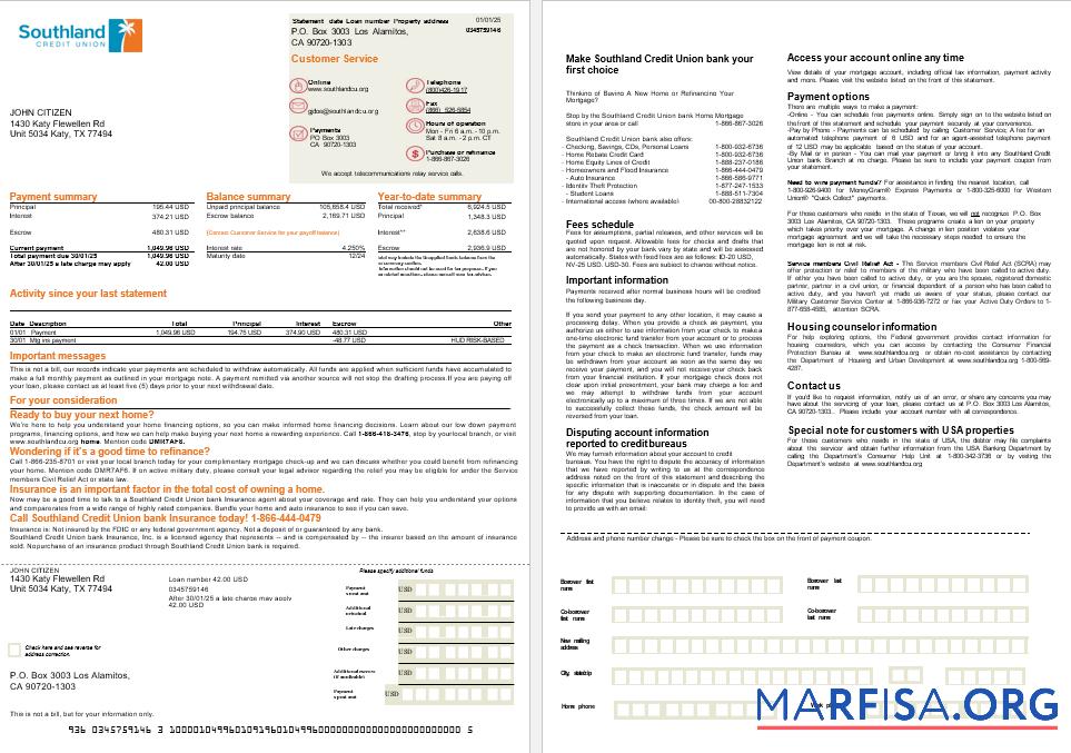 USA California Southland Kredit Unio Hypothek Kontoauszug in Word and PDF Formate, 2 pages Probe