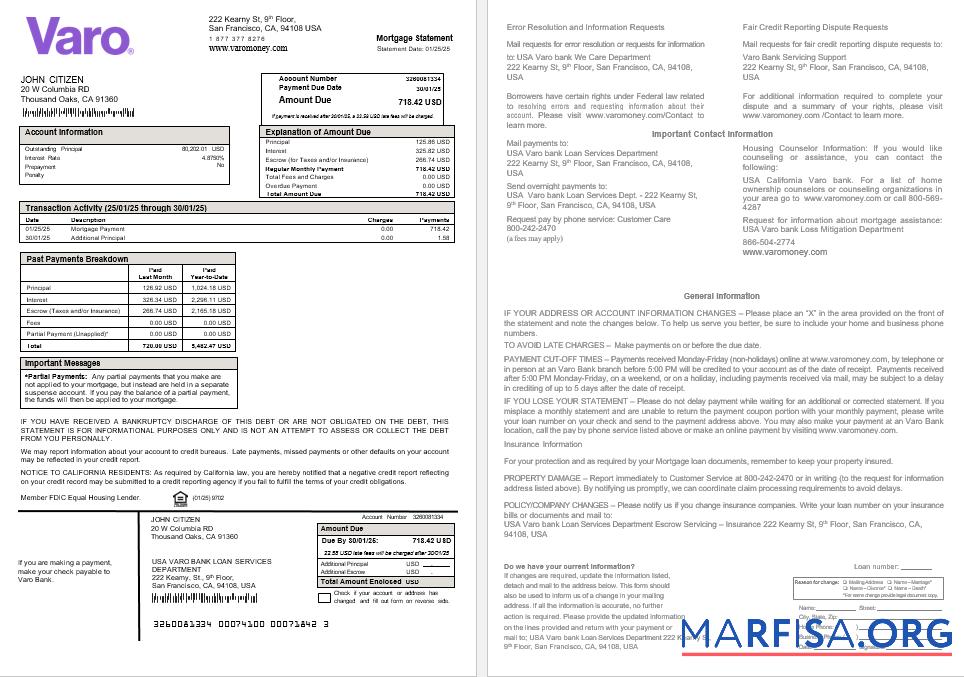 USA California Varo Bank Hypothek Kontoauszug in Word and PDF Formate Probe