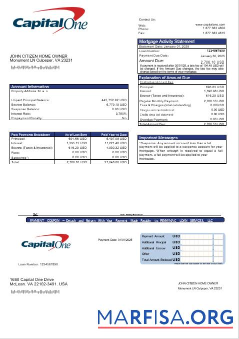 USA Capital One Bank Hypothek Kontoauszug in Word and PDF Formate Mockup