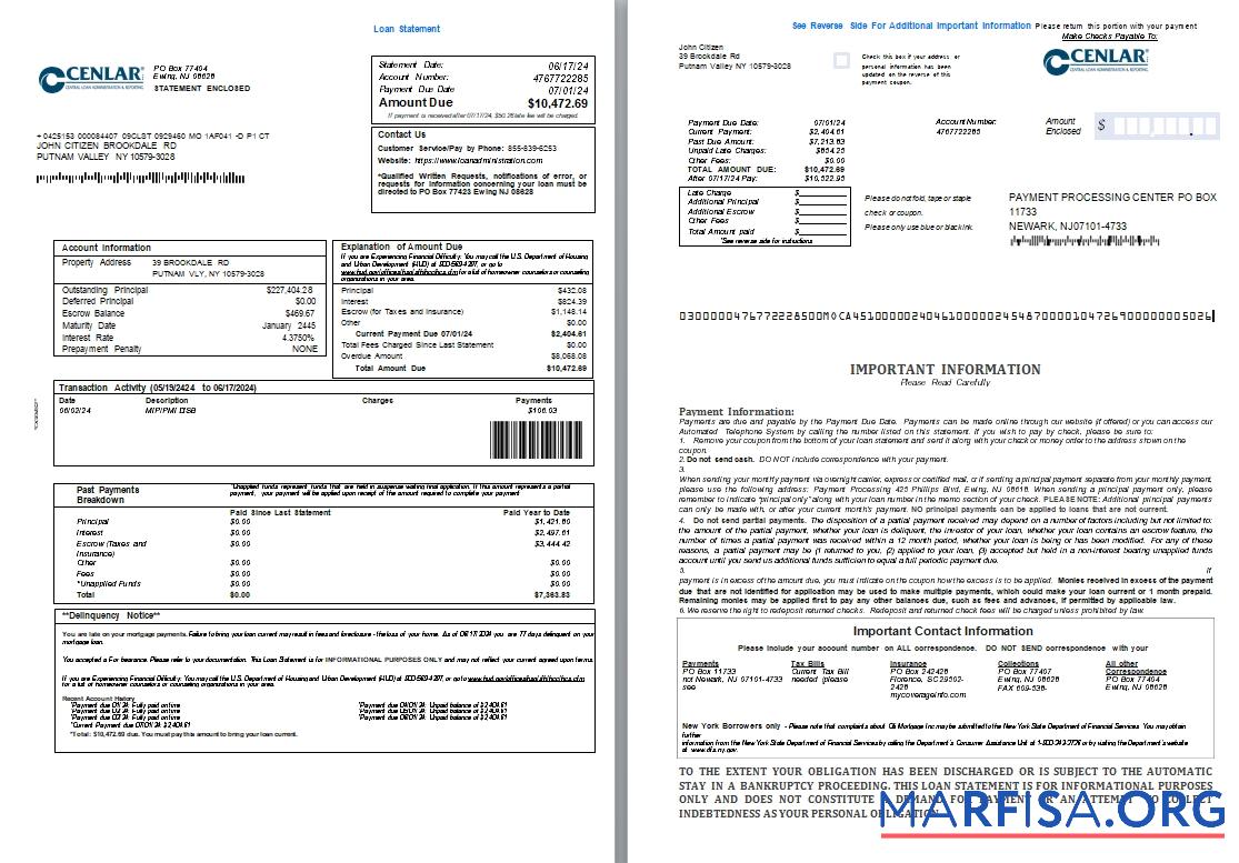 USA Central Darlehen Administration Darlehen Kontoauszug, 3 pages 1 2 scr Vorschau