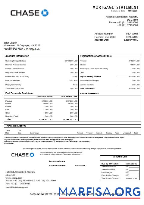USA Chase Hypothek Kontoauszug in Word and PDF Formate Vorlage