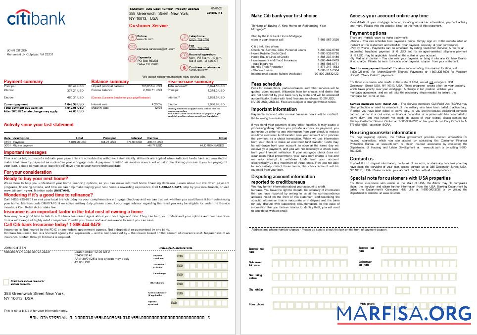 USA Citi Bank Hypothek Kontoauszug in Word and PDF Formate, 2 pages Probe