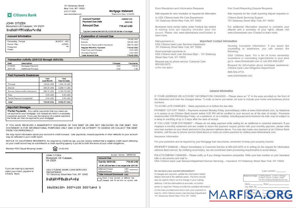 USA Citizens Bank Hypothek Kontoauszug in Word and PDF Formate Probe