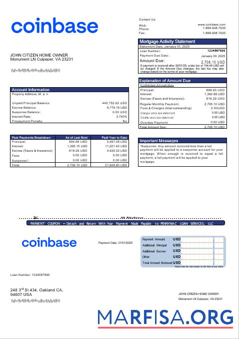 USA Coinbase Hypothek Kontoauszug in Word and PDF Formate Mockup