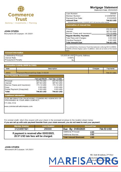 USA Commerce Trust Bank Hypothek Kontoauszug in Word and PDF Formate Vorschau