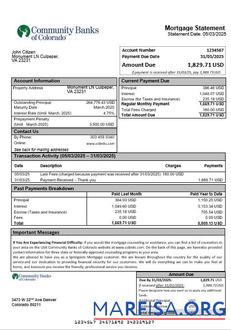 USA Community Banks of Colorado Bank Hypothek Kontoauszug in Word and PDF Formate Design