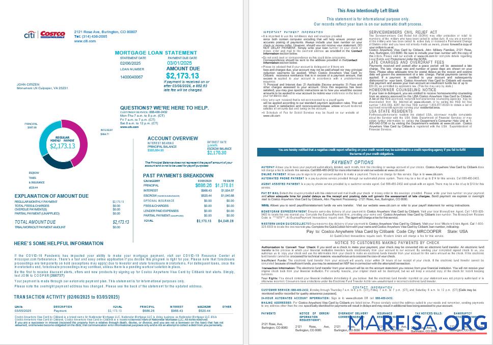 USA Costco Anywhere Visum Karte by Citi Bank Hypothek Darlehen Kontoauszug in Word and PDF Formate , 4 pages Vorschau