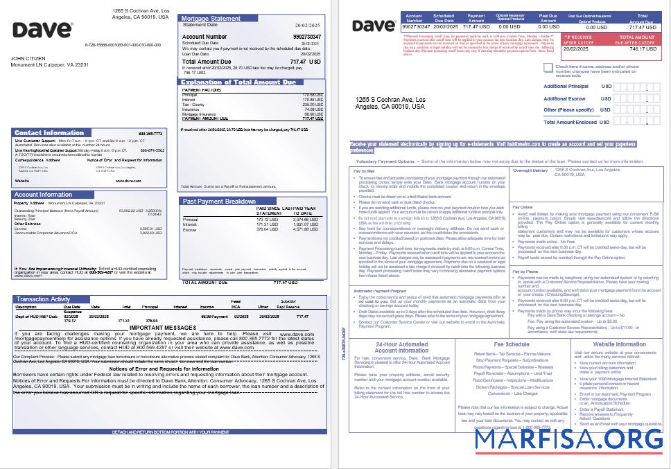 USA Dave Bank Hypothek Kontoauszug in Word and PDF Formate, 3 pages 1 2 Mockup