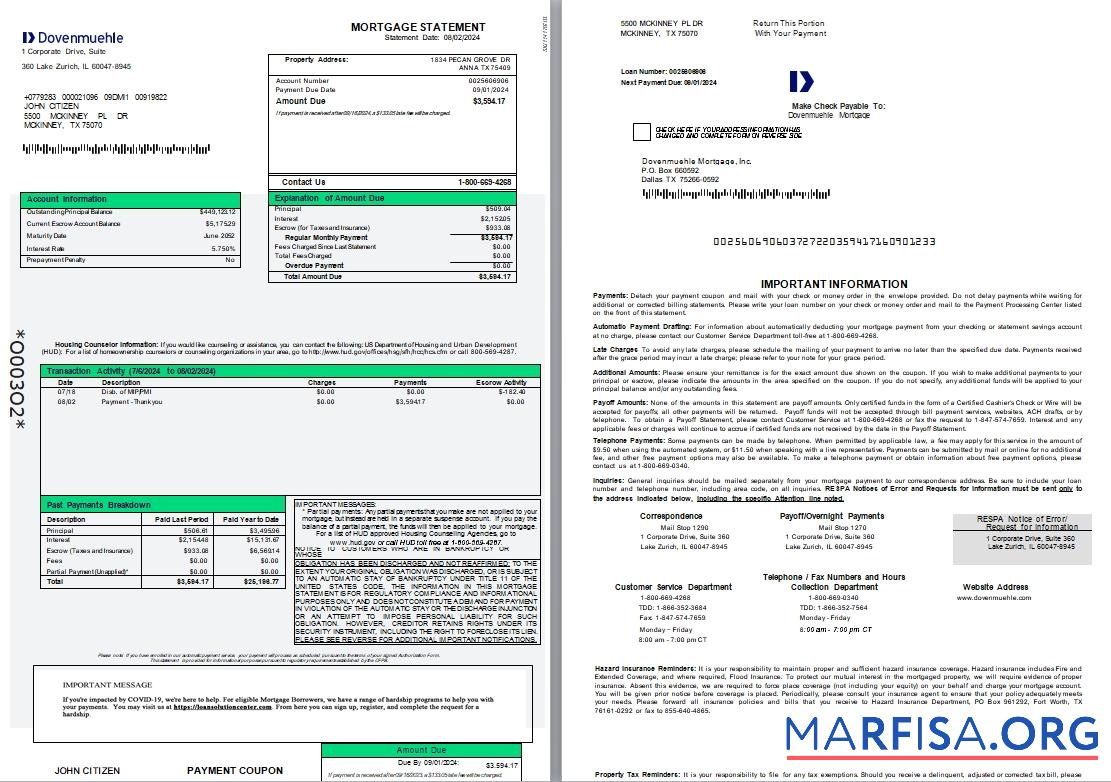 USA Dovenmuehle Hypothek Kontoauszug, 3 pages 1 2 scr Design