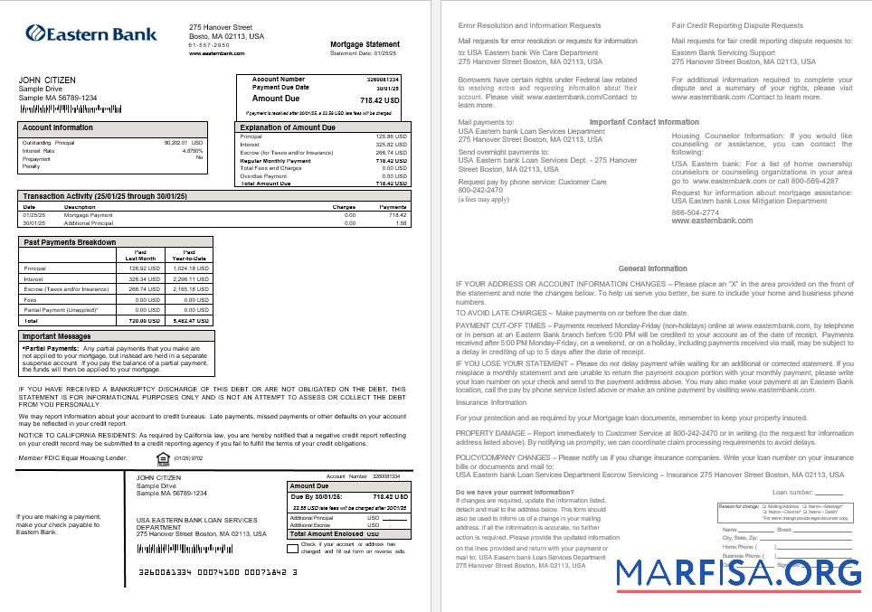 USA Eastern Bank Hypothek Kontoauszug in Word and PDF Formate Probe