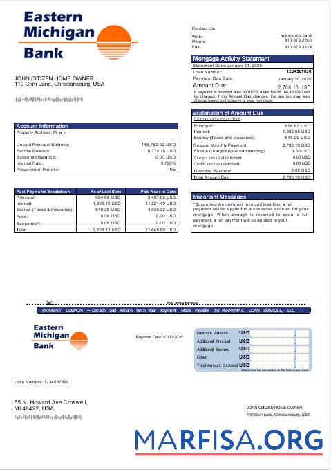 USA Eastern Michigan Bank Hypothek Kontoauszug in Word and PDF Formate Mockup