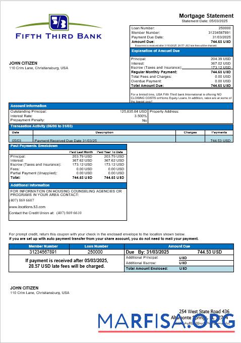USA Fifth Third Bank Hypothek Kontoauszug in Word and PDF Formate Design
