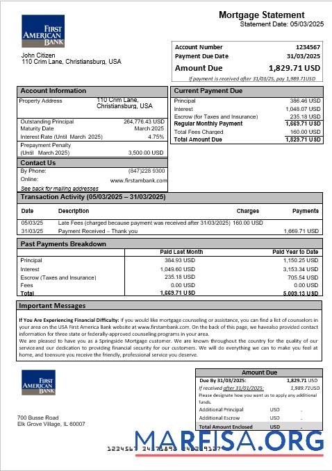USA First Amerika Bank Hypothek Kontoauszug in Word and PDF Formate Probe
