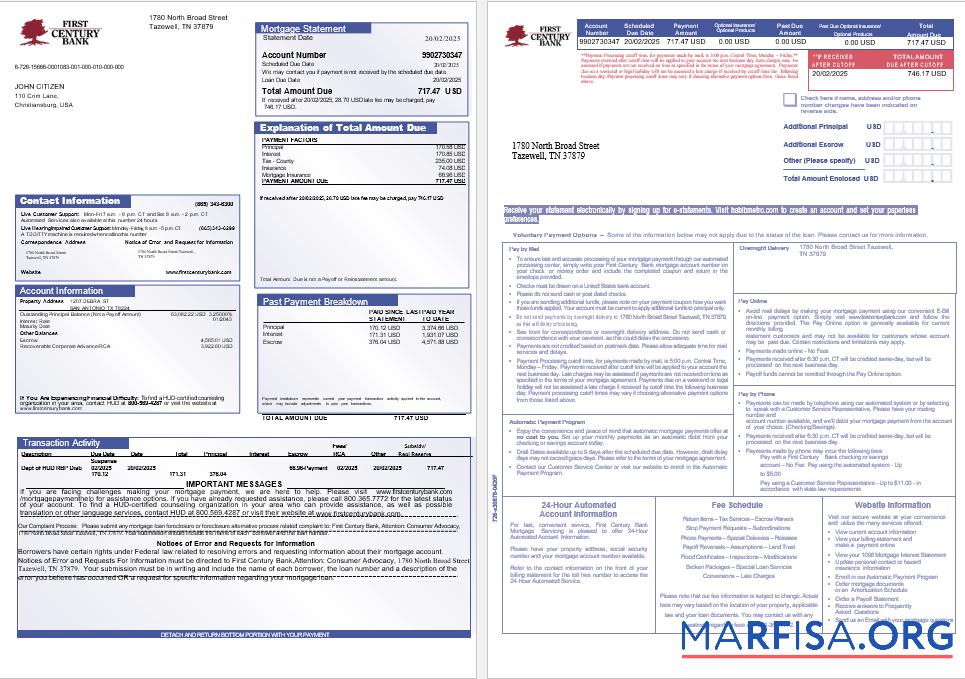USA First Century Bank Hypothek Kontoauszug in Word and PDF Formate, 3 pages 1 2 Mockup
