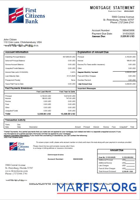 USA First Citizens Bank Hypothek Kontoauszug in Word and PDF Formate Vorlage