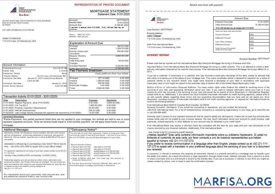 USA First International Bank & Trust Bank Hypothek Kontoauszug in Word and PDF Formate, 3 pages 1 2 Vorlage