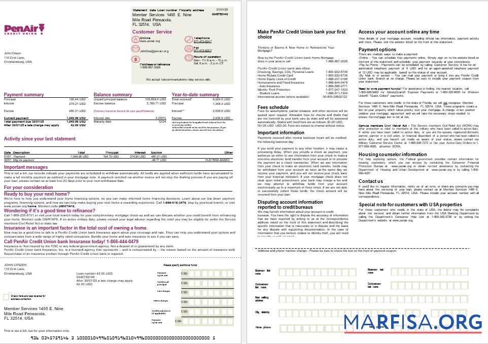 USA Florida PenAir Kredit Union Bank Hypothek Kontoauszug in Word and PDF Formate, 2 pages Vorlage