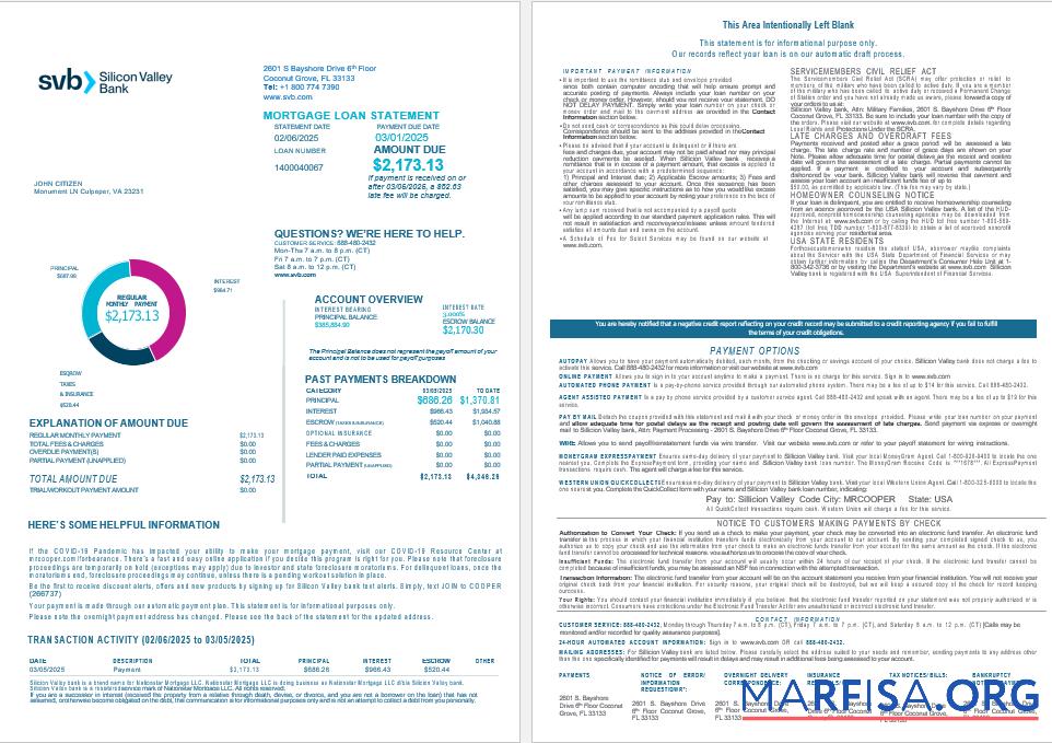 USA Florida Silicon Valley Bank Hypothek Darlehen Kontoauszug in Word and PDF Formate , 4 pages 1 2 Probe