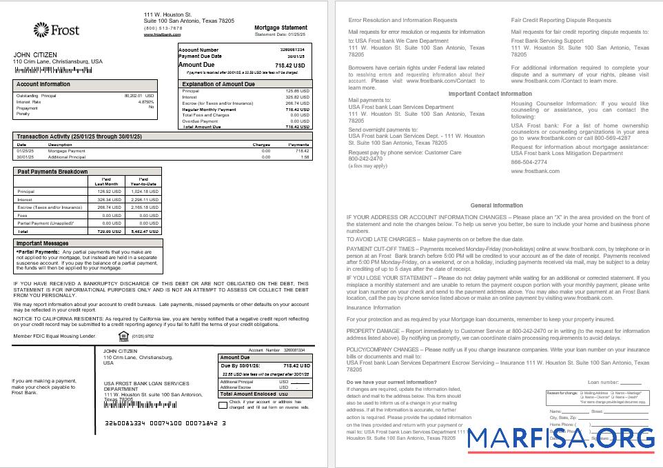 USA Frost Bank Hypothek Kontoauszug in Word and PDF Formate Mockup