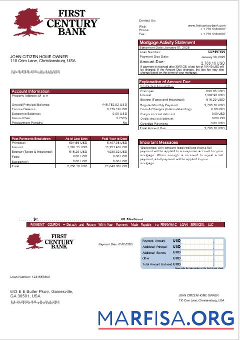 USA Georgian Gainesville First Century Bank Hypothek Kontoauszug in Word and PDF Formate Probe