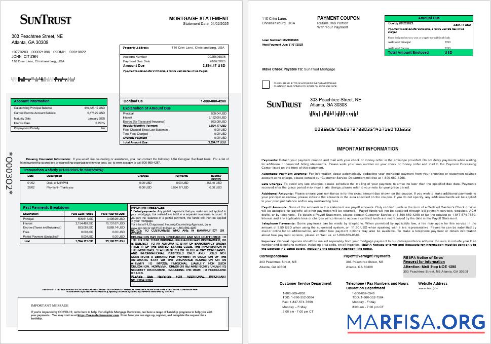 USA Georgian SunTrust Bank Hypothek Kontoauszug in Word and PDF Formate 1 2 Mockup