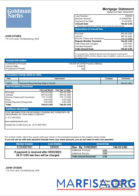 USA Goldman Sachs Bank Hypothek Kontoauszug in Word and PDF Formate Mockup